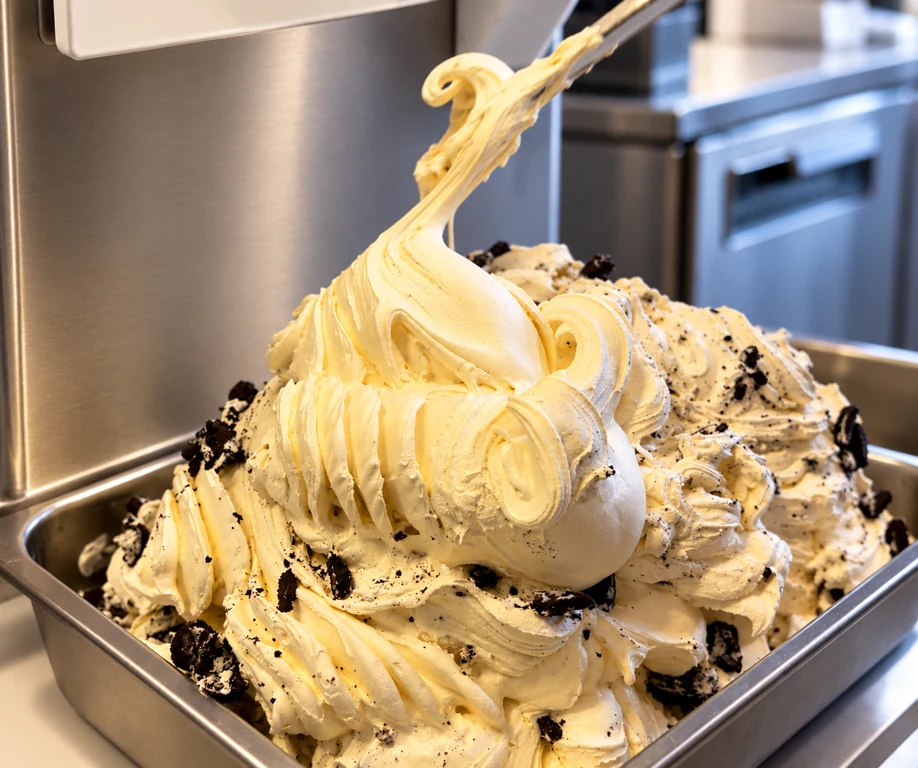 Frisklavet gelato i en rustfri stålbakke i Vaffelhusets ismageri